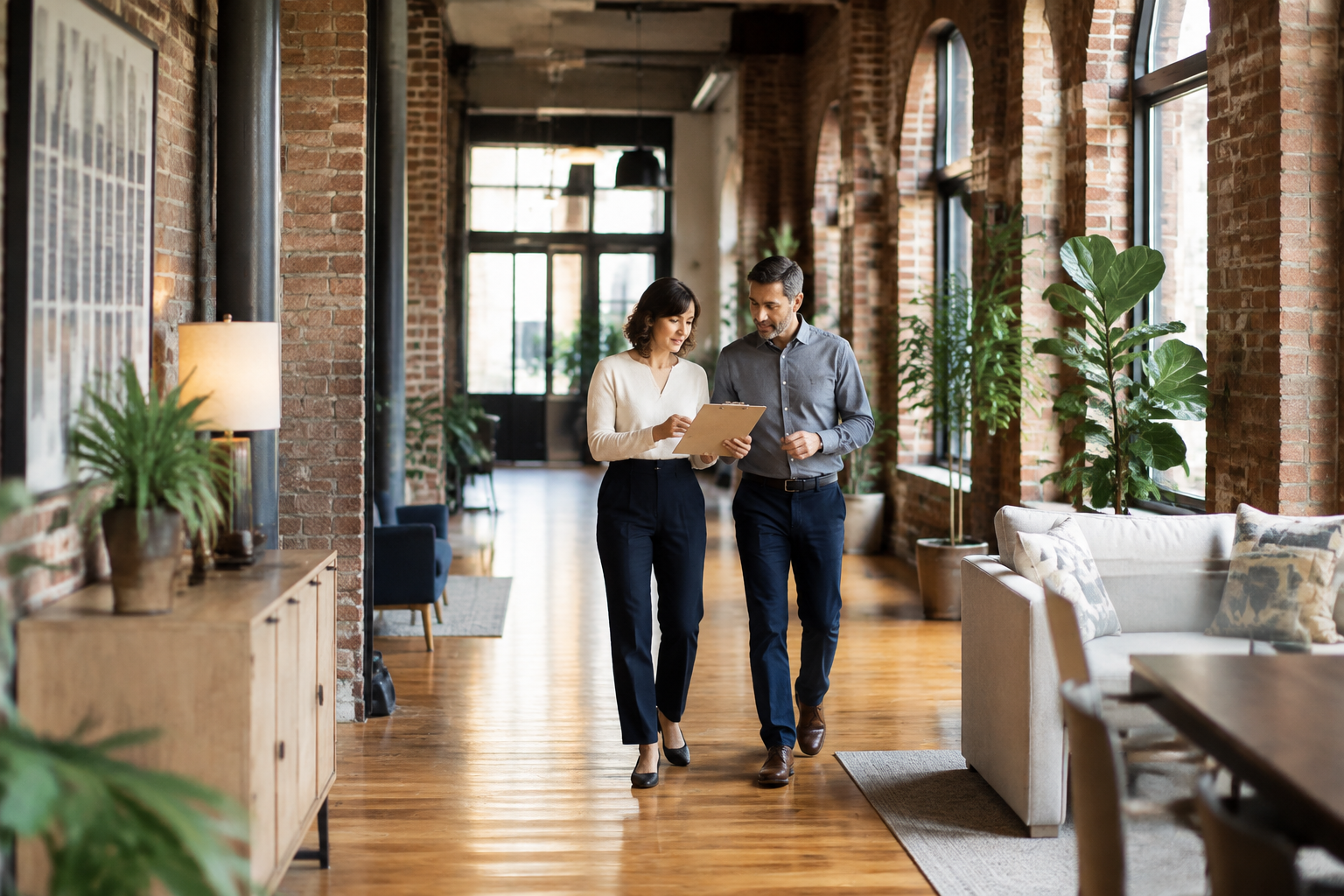 Professionals walking through a renovated brick office interior