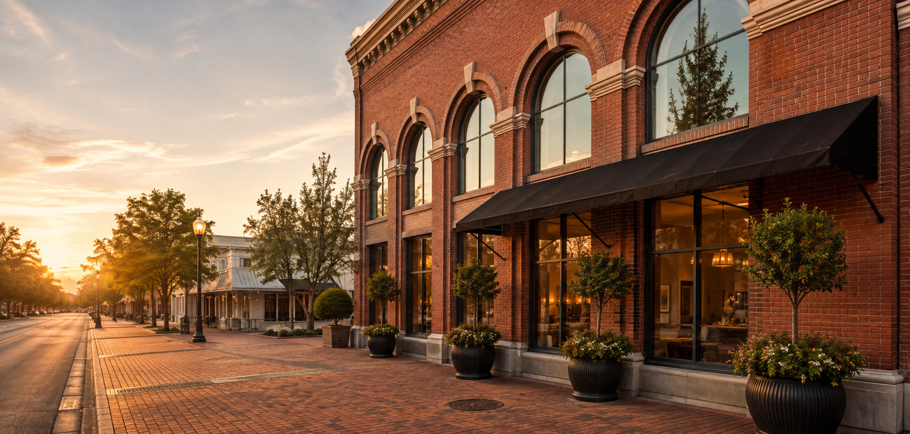 Restored red brick storefront on a southern downtown street