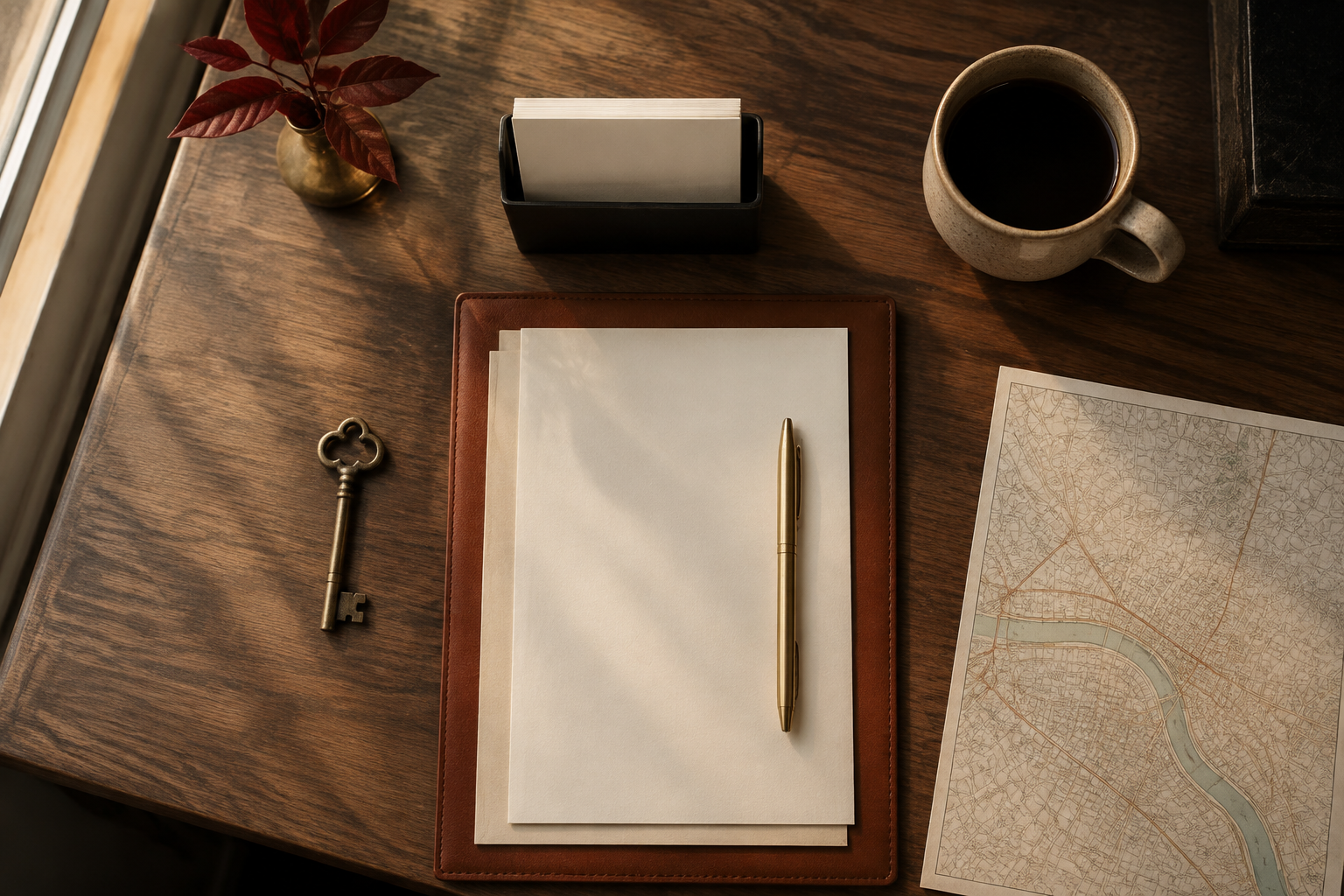 Organized walnut office desk with key, blank stationery and city map